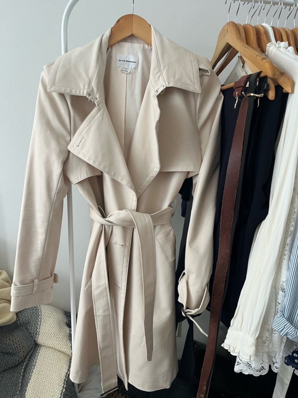 Club Monaco Light Cream Trench Coat with Self-Tie Belt